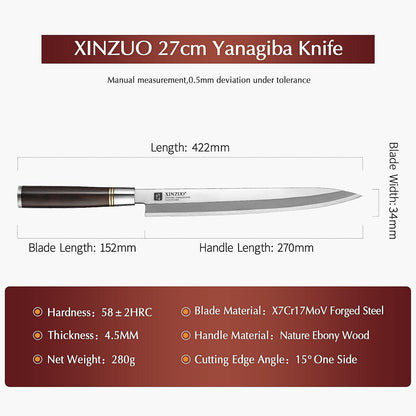 11 Inch Yanagiba Knife X7Cr17MoV Forged Steel, Sashimi Sushi Knife Stainless Steel, Single-edged Blade, Chef Knife for Fish Filleting,Slicing-Ebony Wood Handle-Betula Wooden Sheath