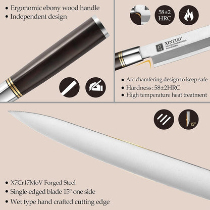 11 Inch Yanagiba Knife X7Cr17MoV Forged Steel, Sashimi Sushi Knife Stainless Steel, Single-edged Blade, Chef Knife for Fish Filleting,Slicing-Ebony Wood Handle-Betula Wooden Sheath