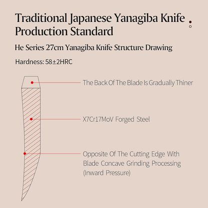 11 Inch Yanagiba Knife X7Cr17MoV Forged Steel, Sashimi Sushi Knife Stainless Steel, Single-edged Blade, Chef Knife for Fish Filleting,Slicing-Ebony Wood Handle-Betula Wooden Sheath
