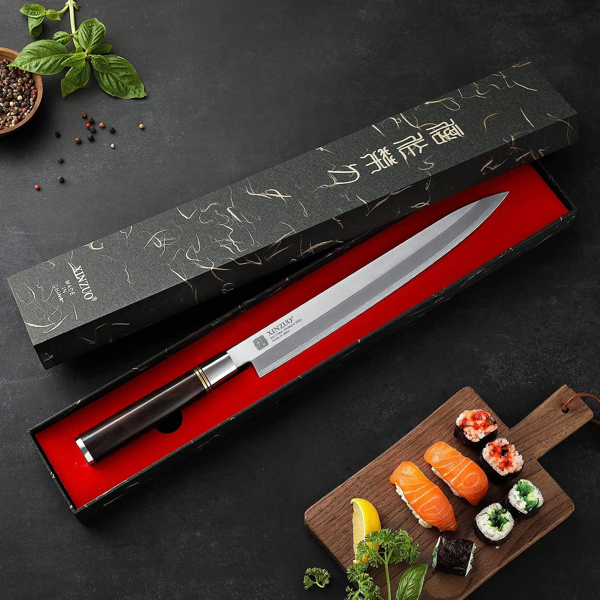 11 Inch Yanagiba Knife X7Cr17MoV Forged Steel, Sashimi Sushi Knife Stainless Steel, Single-edged Blade, Chef Knife for Fish Filleting,Slicing-Ebony Wood Handle-Betula Wooden Sheath