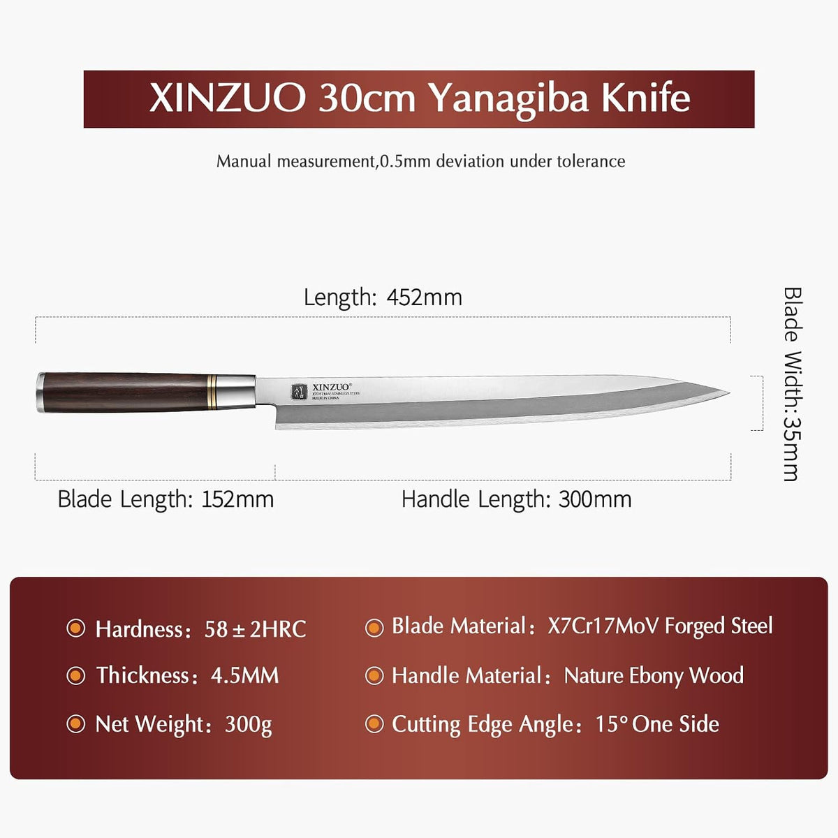 11 Inch Yanagiba Knife X7Cr17MoV Forged Steel, Sashimi Sushi Knife Stainless Steel, Single-edged Blade, Chef Knife for Fish Filleting,Slicing-Ebony Wood Handle-Betula Wooden Sheath