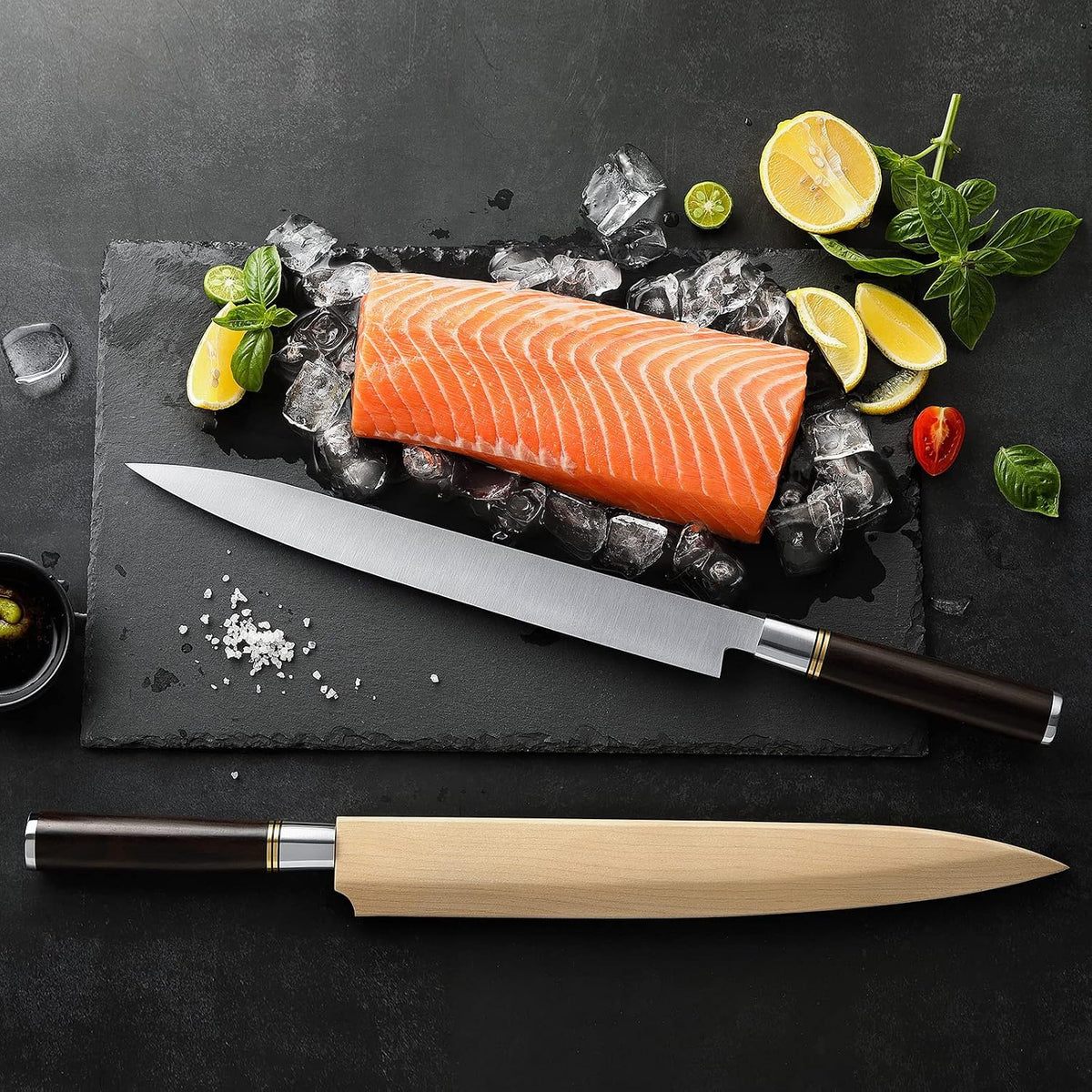 11 Inch Yanagiba Knife X7Cr17MoV Forged Steel, Sashimi Sushi Knife Stainless Steel, Single-edged Blade, Chef Knife for Fish Filleting,Slicing-Ebony Wood Handle-Betula Wooden Sheath