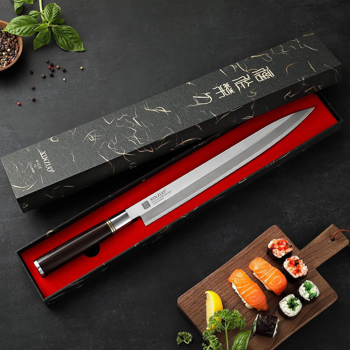 11 Inch Yanagiba Knife X7Cr17MoV Forged Steel, Sashimi Sushi Knife Stainless Steel, Single-edged Blade, Chef Knife for Fish Filleting,Slicing-Ebony Wood Handle-Betula Wooden Sheath
