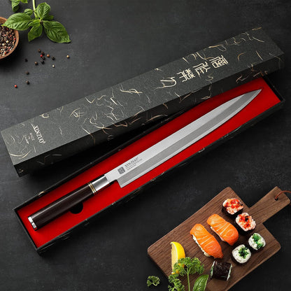 11 Inch Yanagiba Knife X7Cr17MoV Forged Steel, Sashimi Sushi Knife Stainless Steel, Single-edged Blade, Chef Knife for Fish Filleting,Slicing-Ebony Wood Handle-Betula Wooden Sheath