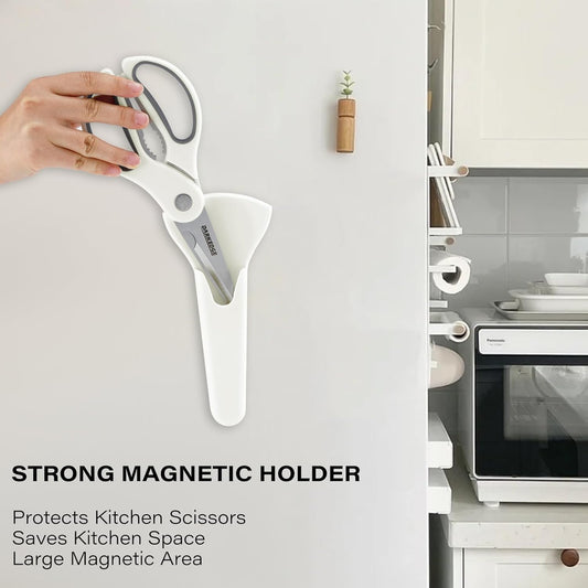 Heavy Duty Kitchen Scissors with Magnetic Holder Magnetic Shears for Fridge, Kitchen Shears Magnet Sheath Food Scissors Set for Meat Poultry Cooking BBQ Vegetables, White