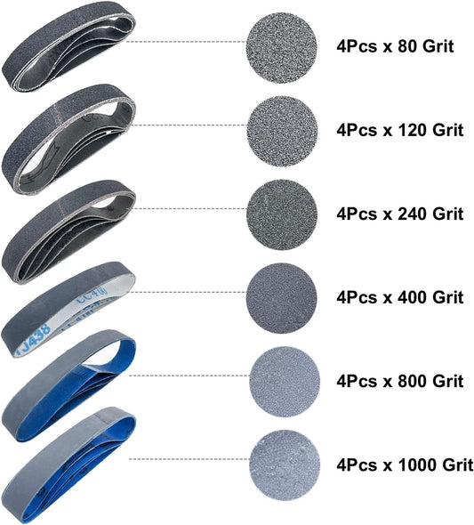 1x30 Inch Silicon Carbide Sanding Belts, 4 PCS Each of 80,120, 240, 400, 800,1000 Grits Knife Sharpening Belt Kits for 1 x 30 Inch Belt Sander, 24 Pack