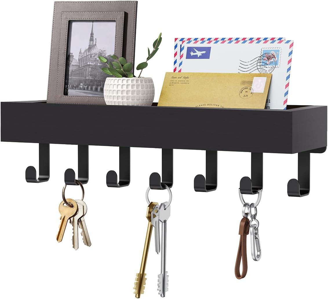 Key Holder Wall Mount Adhesive Magnetic - Hanging Key Hooks with Mail Organizer Tray for Wallet House - Keys Hanger Rack with Shelf for Camper Entryway Door Home Living Room Decor Large Black