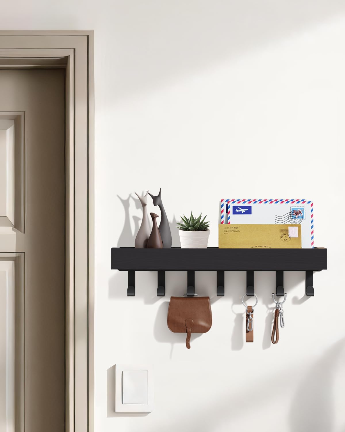 Key Holder Wall Mount Adhesive Magnetic - Hanging Key Hooks with Mail Organizer Tray for Wallet House - Keys Hanger Rack with Shelf for Camper Entryway Door Home Living Room Decor Large Black
