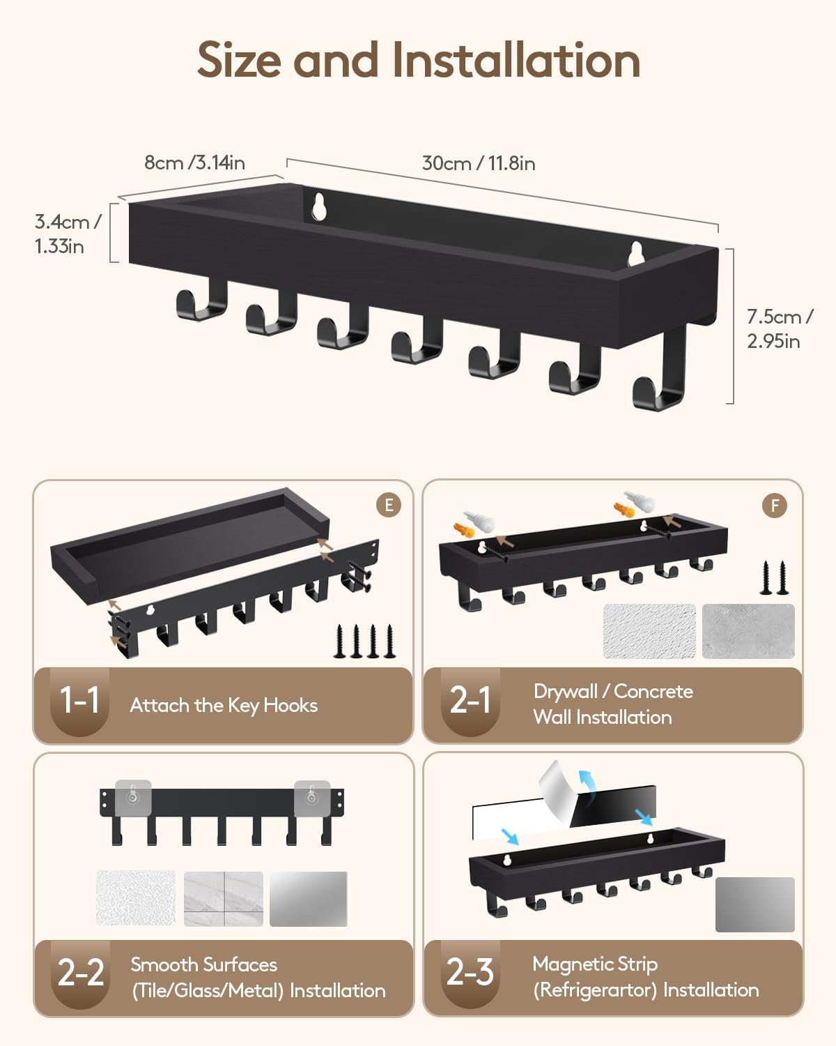 Key Holder Wall Mount Adhesive Magnetic - Hanging Key Hooks with Mail Organizer Tray for Wallet House - Keys Hanger Rack with Shelf for Camper Entryway Door Home Living Room Decor Large Black