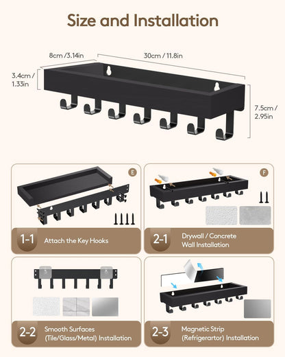Key Holder Wall Mount Adhesive Magnetic - Hanging Key Hooks with Mail Organizer Tray for Wallet House - Keys Hanger Rack with Shelf for Camper Entryway Door Home Living Room Decor Large Black