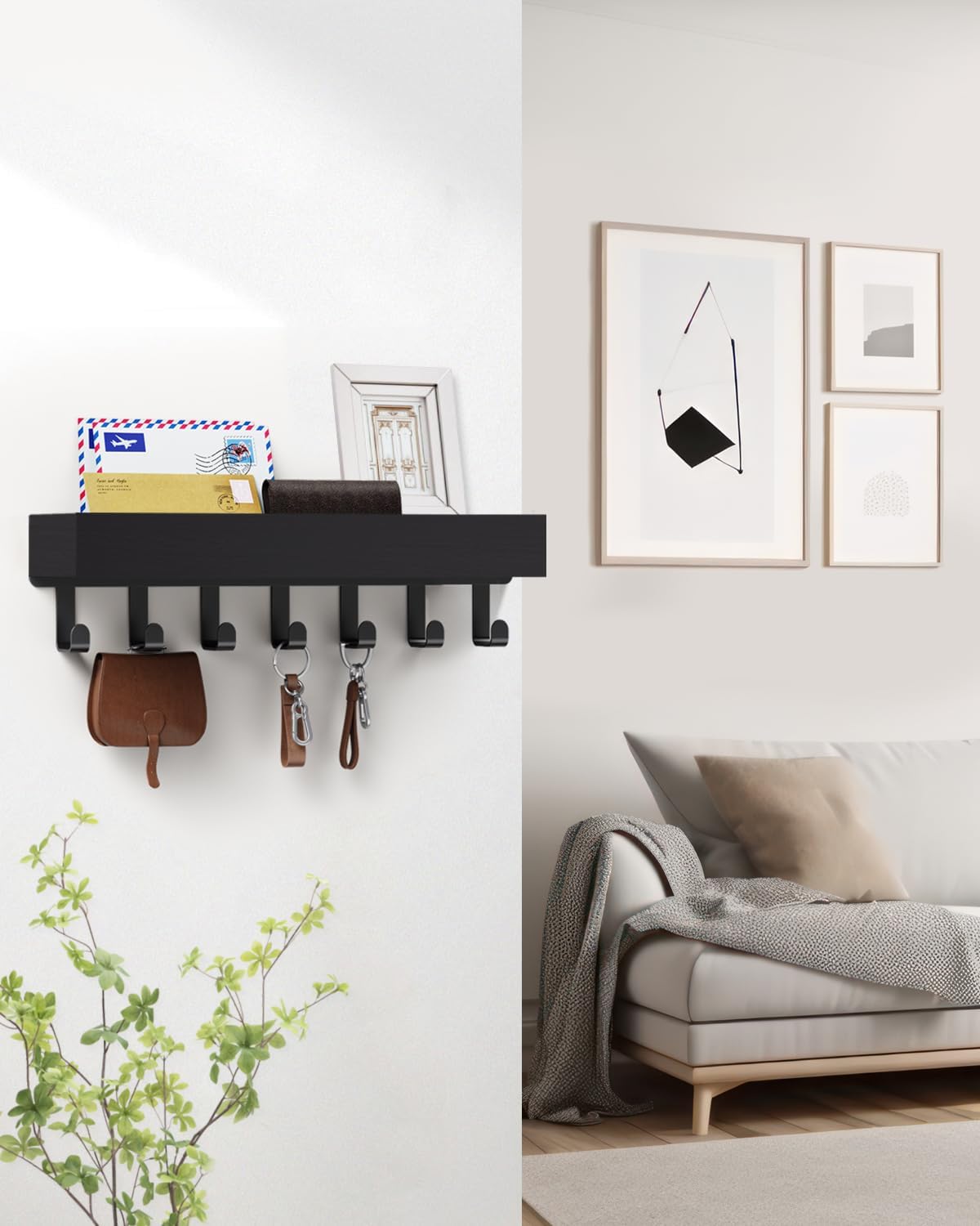 Key Holder Wall Mount Adhesive Magnetic - Hanging Key Hooks with Mail Organizer Tray for Wallet House - Keys Hanger Rack with Shelf for Camper Entryway Door Home Living Room Decor Large Black