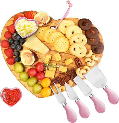 7pcs Cheese Board Set, Charcuterie Boards Set with Knives & Ceramic Bowls, Heart-shape Serving Board Set for Birthdays, Weddings, Feast, Housewarming(Pink)