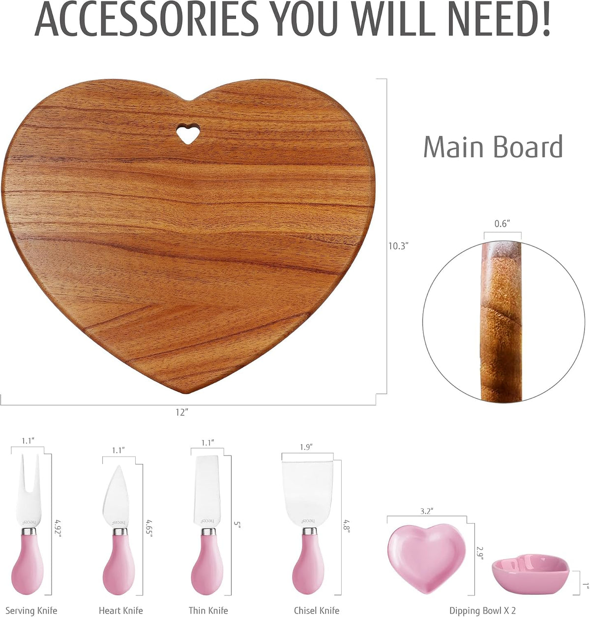 7pcs Cheese Board Set, Charcuterie Boards Set with Knives & Ceramic Bowls, Heart-shape Serving Board Set for Birthdays, Weddings, Feast, Housewarming(Pink)