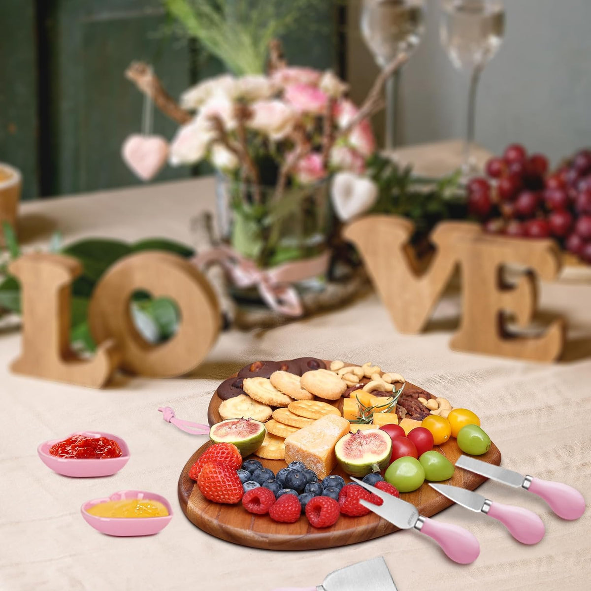 7pcs Cheese Board Set, Charcuterie Boards Set with Knives & Ceramic Bowls, Heart-shape Serving Board Set for Birthdays, Weddings, Feast, Housewarming(Pink)