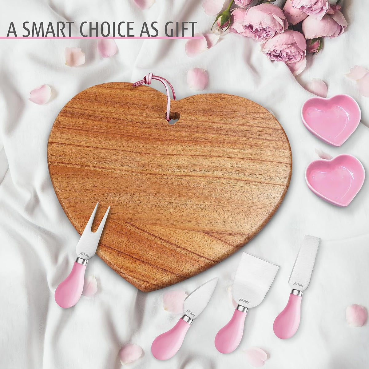 7pcs Cheese Board Set, Charcuterie Boards Set with Knives & Ceramic Bowls, Heart-shape Serving Board Set for Birthdays, Weddings, Feast, Housewarming(Pink)