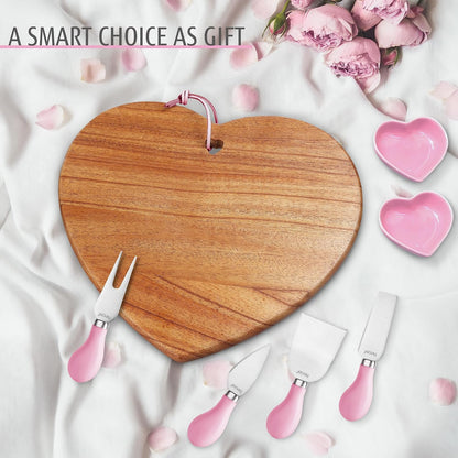 7pcs Cheese Board Set, Charcuterie Boards Set with Knives & Ceramic Bowls, Heart-shape Serving Board Set for Birthdays, Weddings, Feast, Housewarming(Pink)