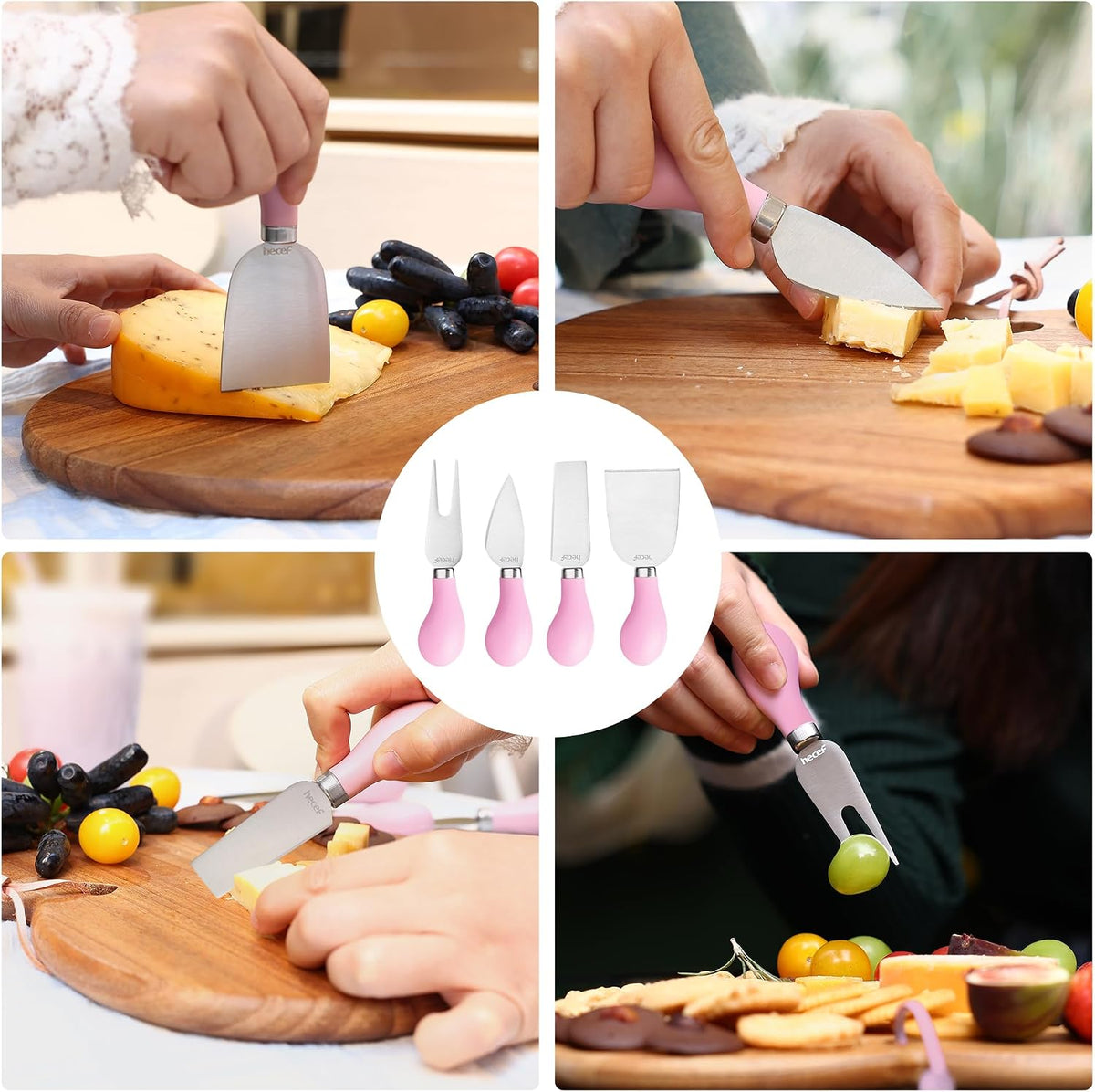 7pcs Cheese Board Set, Charcuterie Boards Set with Knives & Ceramic Bowls, Heart-shape Serving Board Set for Birthdays, Weddings, Feast, Housewarming(Pink)