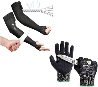 Metal Q Cut Resistant Set, Cut Resistant Sleeves for Thin Skin, Gardening, Pet Grooming & ANSI A4 Cut Resistant Work Gloves with Grip and Ultra Thin, Size Medium