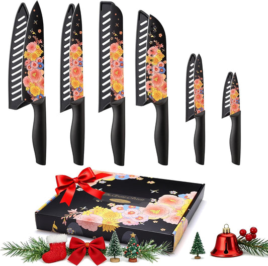 Knife Set Artistic Designed Pattern Kitchen Knife 6 Stainless Steel Kitchen Knives w 6 Blade Guards,Dishwasher Safe Kitchen Knife Sets for Family Knives Set for Chefs