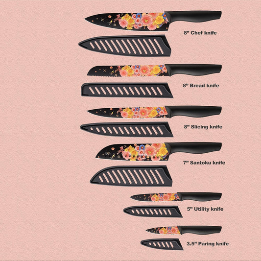 Knife Set Artistic Designed Pattern Kitchen Knife 6 Stainless Steel Kitchen Knives w 6 Blade Guards,Dishwasher Safe Kitchen Knife Sets for Family Knives Set for Chefs