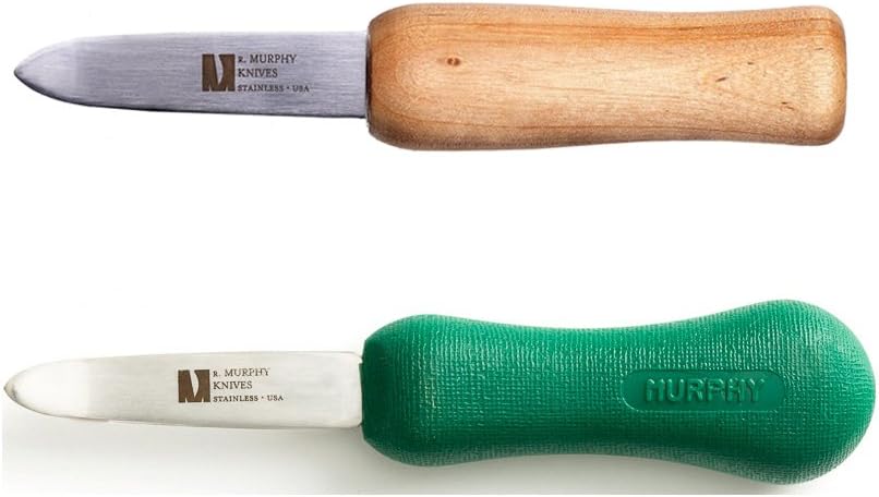 R Murphy/Ramelson New Haven Oyster Shucking Knife, Shucker Tool Opener, Curved Bent Tip, Wood Handle, Stainless Steel Blade, Made in USA, Green Handle, 1 Pack