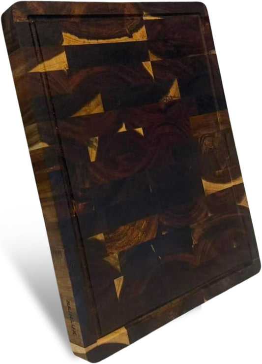 Walnut Wood Cutting Board for Kitchen, End Grain Chopping Board with Juice Groove, Heavy Duty Checkered Board for Cheese and Vegetables, Non-slip Feet, 14" × 11" × 1.5"