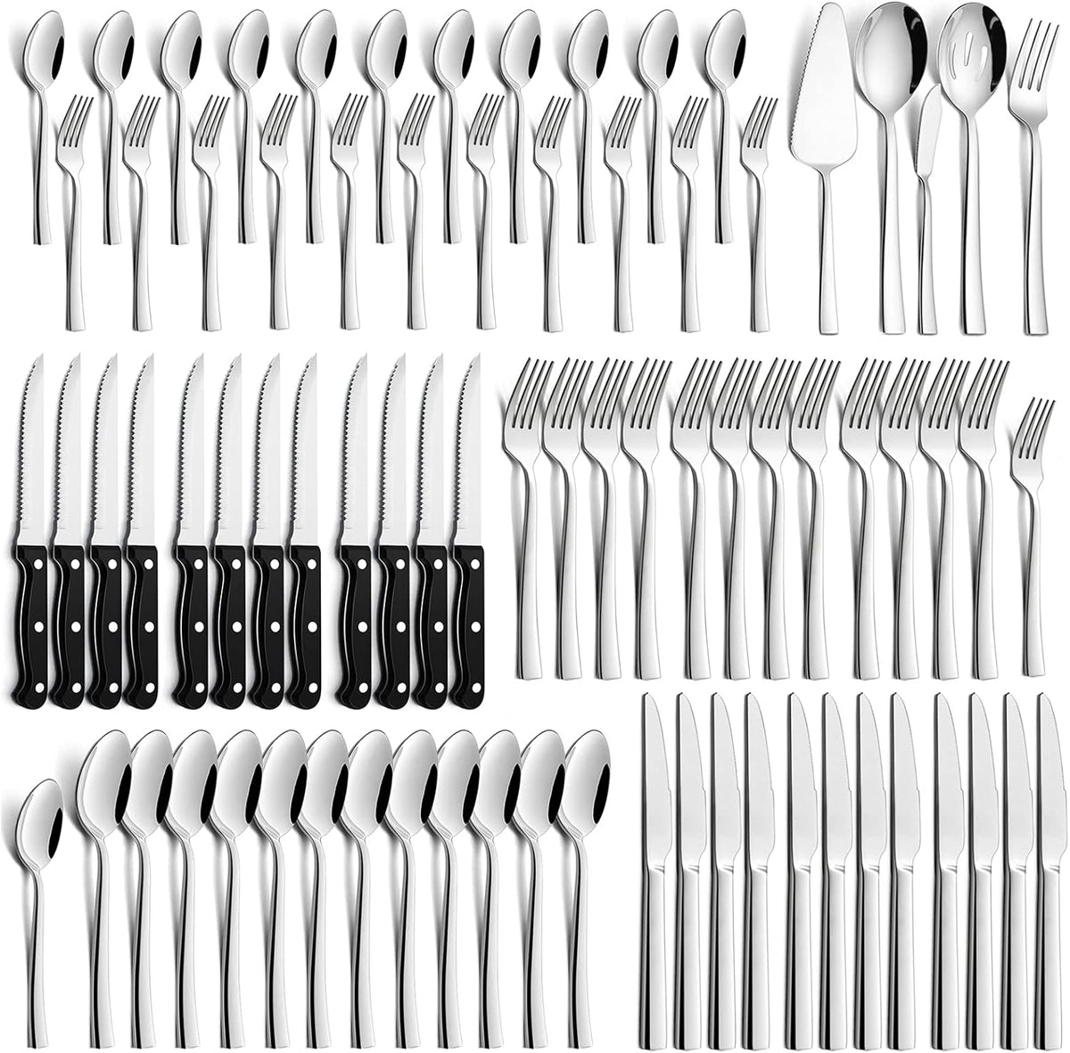 77-Piece Silverware Set with Steak Knives and Serving Utensils | Stainless Steel Flatware Set, Modern Cutlery for Home Restaurant, Dishwasher Safe