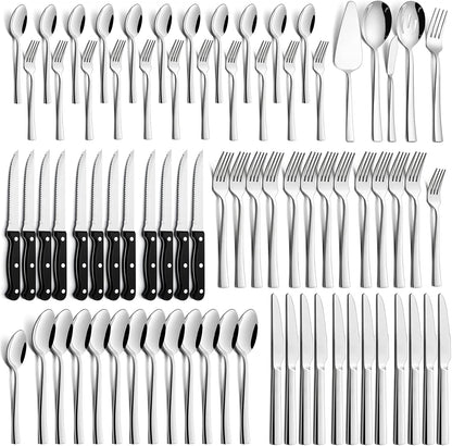 77-Piece Silverware Set with Steak Knives and Serving Utensils | Stainless Steel Flatware Set, Modern Cutlery for Home Restaurant, Dishwasher Safe