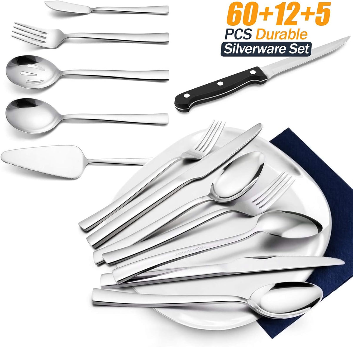 77-Piece Silverware Set with Steak Knives and Serving Utensils | Stainless Steel Flatware Set, Modern Cutlery for Home Restaurant, Dishwasher Safe