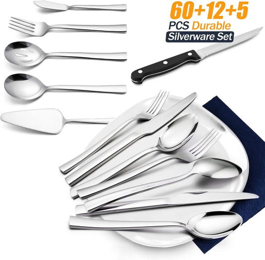 77-Piece Silverware Set with Steak Knives and Serving Utensils | Stainless Steel Flatware Set, Modern Cutlery for Home Restaurant, Dishwasher Safe