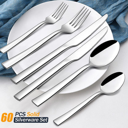 77-Piece Silverware Set with Steak Knives and Serving Utensils | Stainless Steel Flatware Set, Modern Cutlery for Home Restaurant, Dishwasher Safe