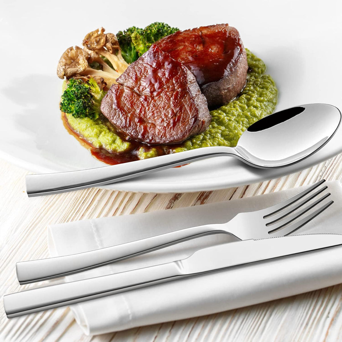 77-Piece Silverware Set with Steak Knives and Serving Utensils | Stainless Steel Flatware Set, Modern Cutlery for Home Restaurant, Dishwasher Safe