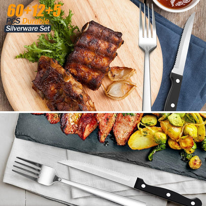 77-Piece Silverware Set with Steak Knives and Serving Utensils | Stainless Steel Flatware Set, Modern Cutlery for Home Restaurant, Dishwasher Safe