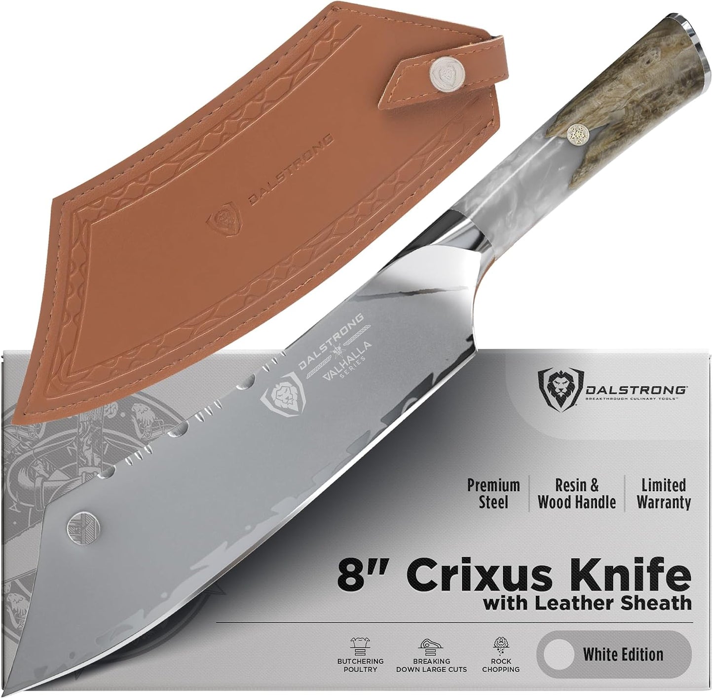 Chef & Cleaver Hybrid Knife - The 'Crixus' - 8 inch - Valhalla Series - 9CR18MOV HC Steel - Celestial Resin & Wood Handle - Razor Sharp Chef's Knife - w/Leather Sheath