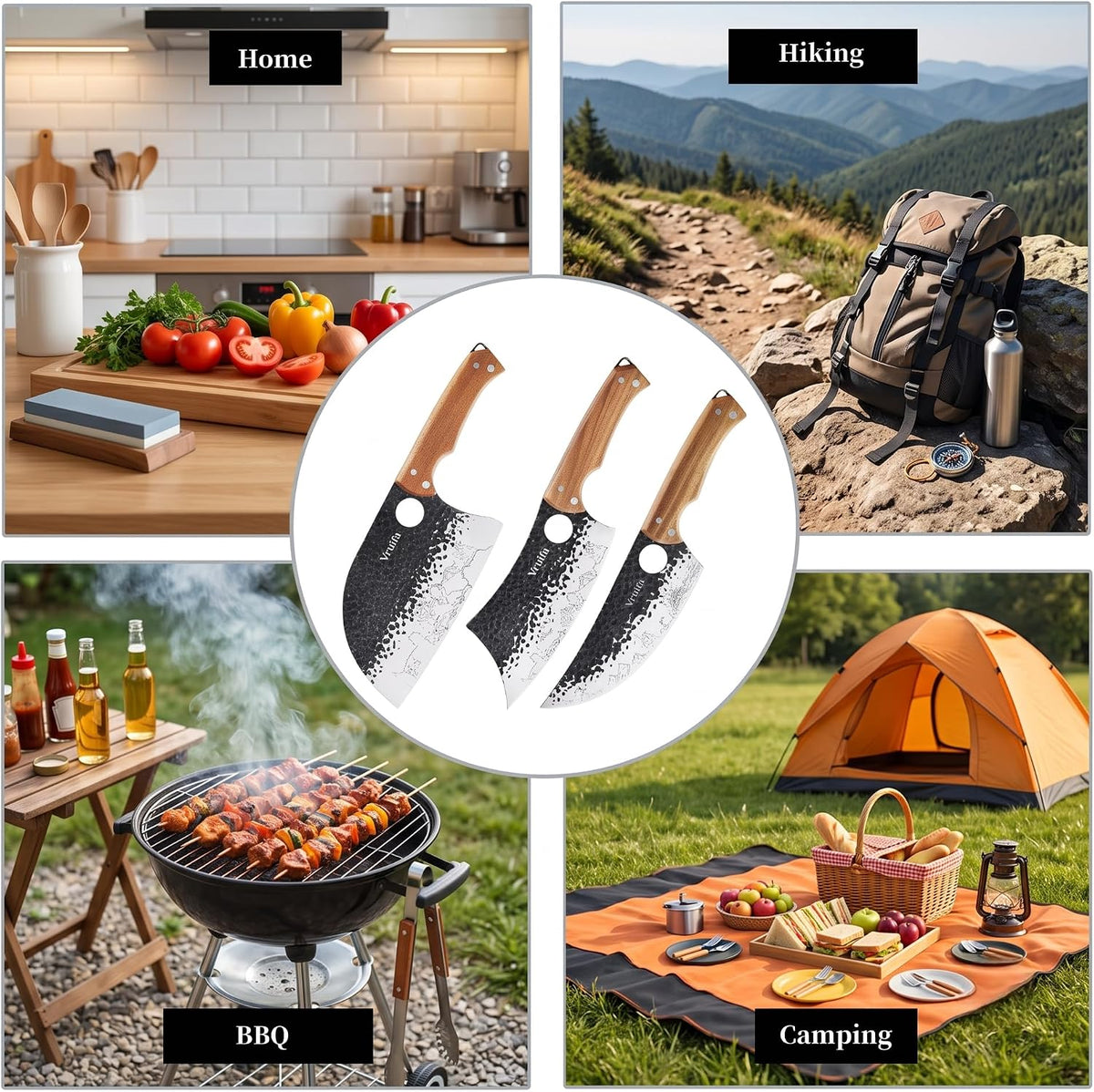 Butcher Knife Set, Hand Forged Kitchen Knife Set for Home,BBQ, and Camping