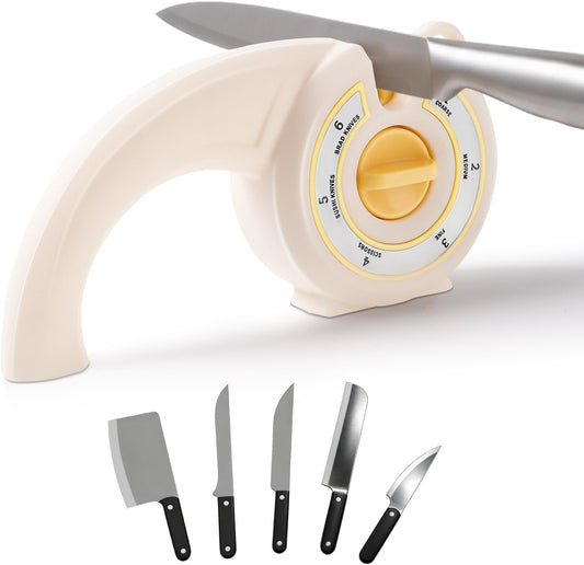 6-in-1 Knife Sharpener with Rotary Knob, Multi-Use Sharpener for Kitchen Knives, Scissors & Bread Knives, Non-Slip Base, Hole for Hanging & Compact Design,Professional Manual Blade Sharpening