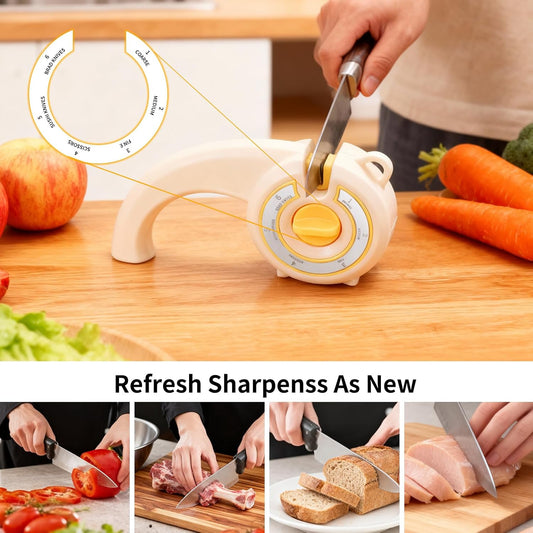 6-in-1 Knife Sharpener with Rotary Knob, Multi-Use Sharpener for Kitchen Knives, Scissors & Bread Knives, Non-Slip Base, Hole for Hanging & Compact Design,Professional Manual Blade Sharpening