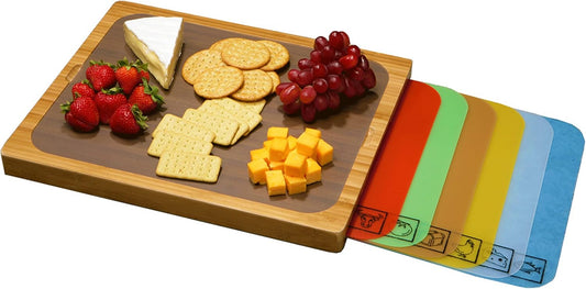 Bamboo Premium Wood Cutting Board Serving Tray w/ 7 Color-Coded BPA-Free Mats, for Chopping Bread, Cheese, Fruits, Vegetables, Meats, Charcuterie (PATENTED), Bamboo (NEW MODEL)