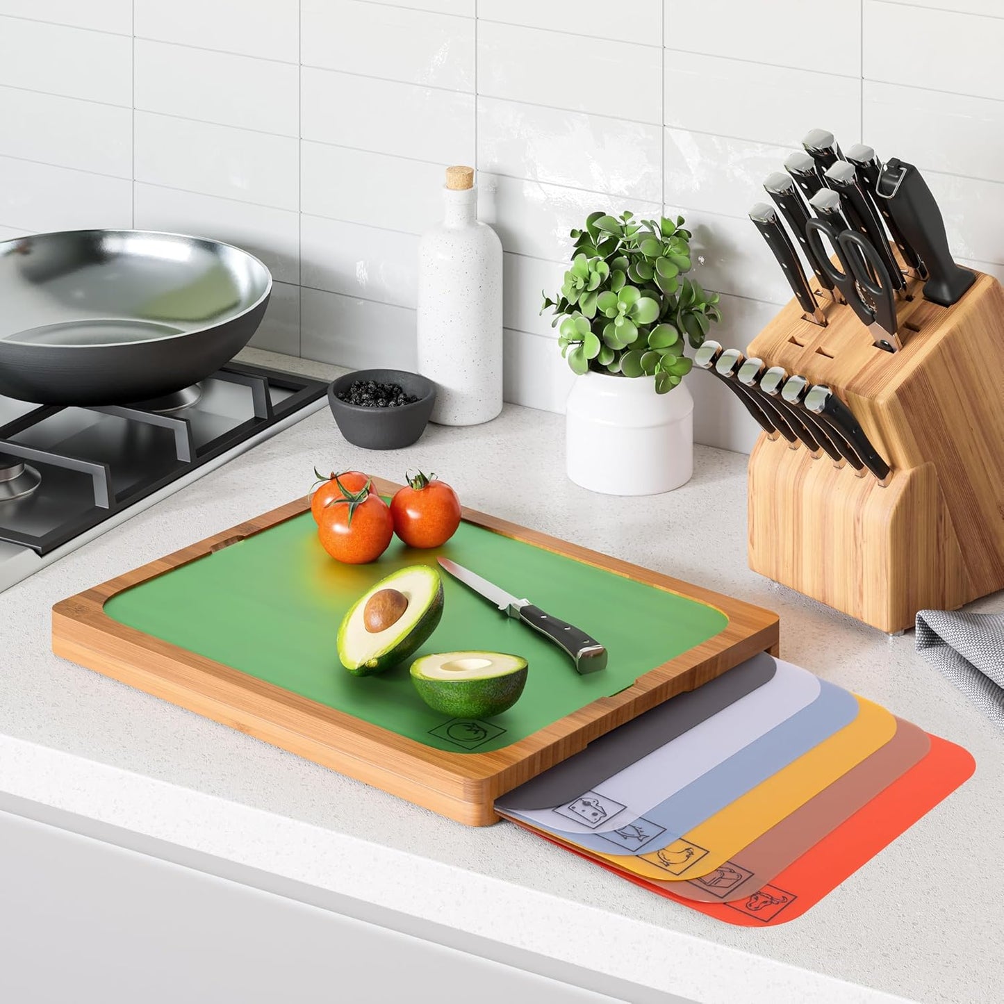 Bamboo Premium Wood Cutting Board Serving Tray w/ 7 Color-Coded BPA-Free Mats, for Chopping Bread, Cheese, Fruits, Vegetables, Meats, Charcuterie (PATENTED), Bamboo (NEW MODEL)