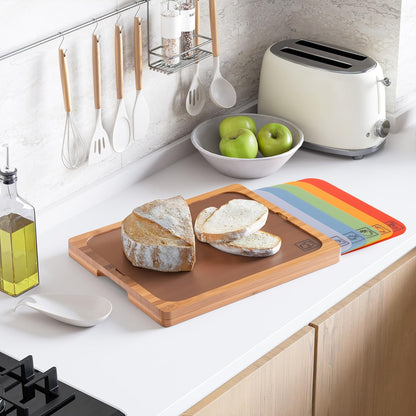 Bamboo Premium Wood Cutting Board Serving Tray w/ 7 Color-Coded BPA-Free Mats, for Chopping Bread, Cheese, Fruits, Vegetables, Meats, Charcuterie (PATENTED), Bamboo (NEW MODEL)