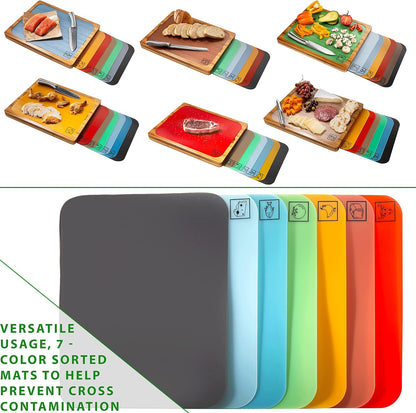 Bamboo Premium Wood Cutting Board Serving Tray w/ 7 Color-Coded BPA-Free Mats, for Chopping Bread, Cheese, Fruits, Vegetables, Meats, Charcuterie (PATENTED), Bamboo (NEW MODEL)