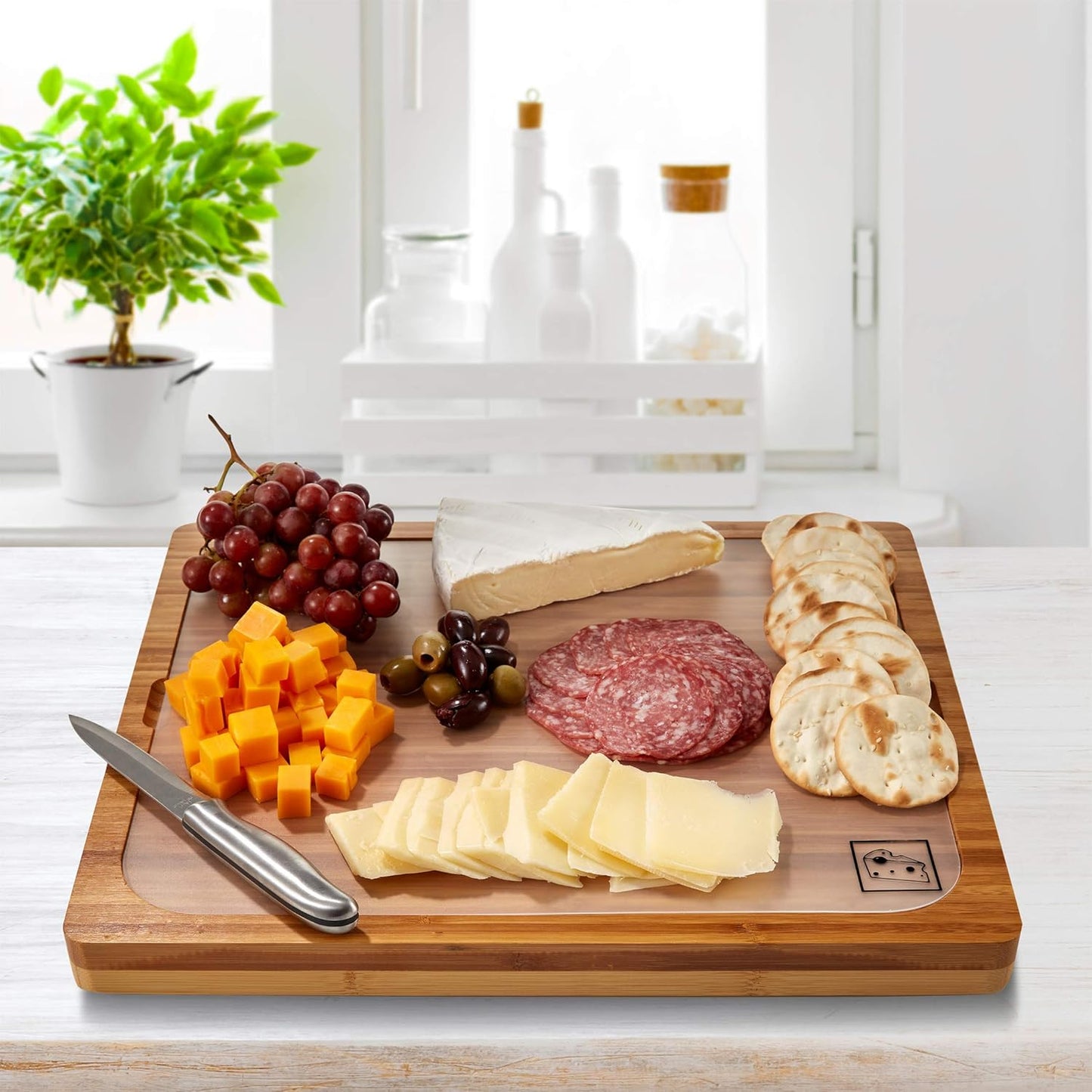 Bamboo Premium Wood Cutting Board Serving Tray w/ 7 Color-Coded BPA-Free Mats, for Chopping Bread, Cheese, Fruits, Vegetables, Meats, Charcuterie (PATENTED), Bamboo (NEW MODEL)