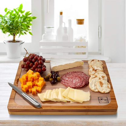 Bamboo Premium Wood Cutting Board Serving Tray w/ 7 Color-Coded BPA-Free Mats, for Chopping Bread, Cheese, Fruits, Vegetables, Meats, Charcuterie (PATENTED), Bamboo (NEW MODEL)
