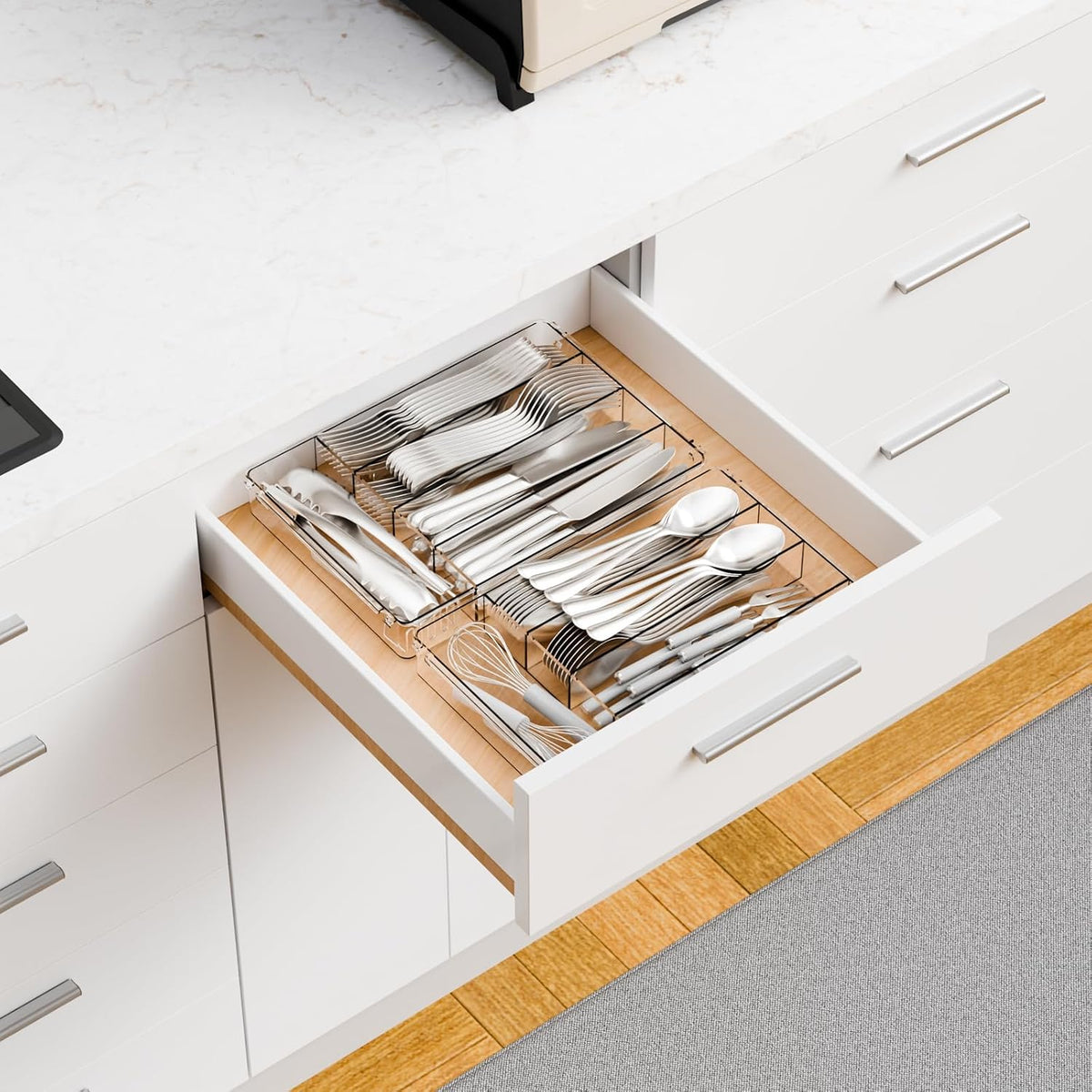 Clear Small Silverware Organizer 9 inch Wide for Kitchen Drawers,BPA Free Silverware Trays and Plastic Silverware Dividers & Holder,Utensil and Flatware Drawer Organizer Suitable for Fork,Spoon