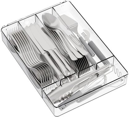 Clear Small Silverware Organizer 9 inch Wide for Kitchen Drawers,BPA Free Silverware Trays and Plastic Silverware Dividers & Holder,Utensil and Flatware Drawer Organizer Suitable for Fork,Spoon