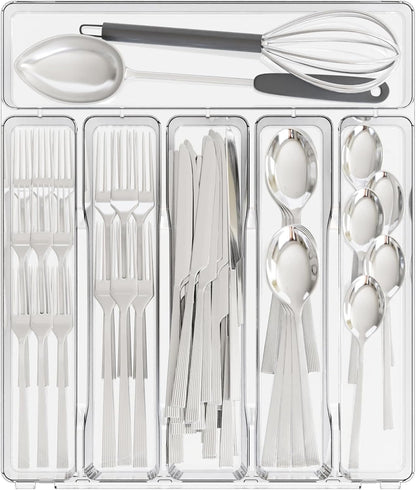 Clear Small Silverware Organizer 9 inch Wide for Kitchen Drawers,BPA Free Silverware Trays and Plastic Silverware Dividers & Holder,Utensil and Flatware Drawer Organizer Suitable for Fork,Spoon