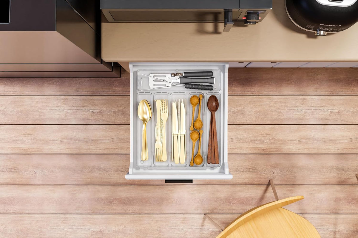 Clear Small Silverware Organizer 9 inch Wide for Kitchen Drawers,BPA Free Silverware Trays and Plastic Silverware Dividers & Holder,Utensil and Flatware Drawer Organizer Suitable for Fork,Spoon
