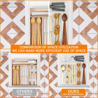 Clear Small Silverware Organizer 9 inch Wide for Kitchen Drawers,BPA Free Silverware Trays and Plastic Silverware Dividers & Holder,Utensil and Flatware Drawer Organizer Suitable for Fork,Spoon