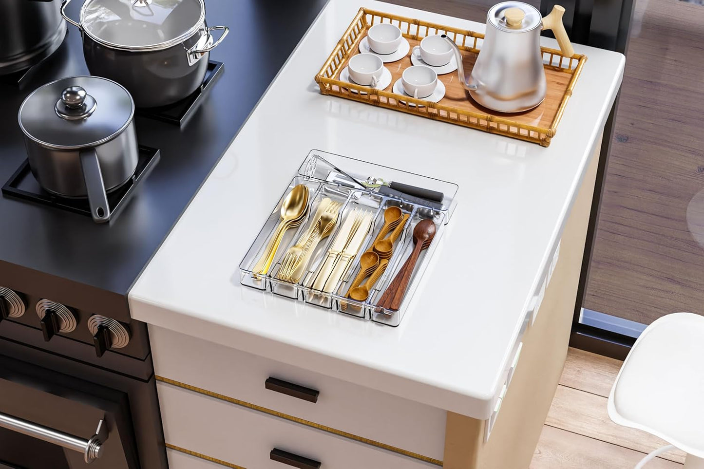Clear Small Silverware Organizer 9 inch Wide for Kitchen Drawers,BPA Free Silverware Trays and Plastic Silverware Dividers & Holder,Utensil and Flatware Drawer Organizer Suitable for Fork,Spoon