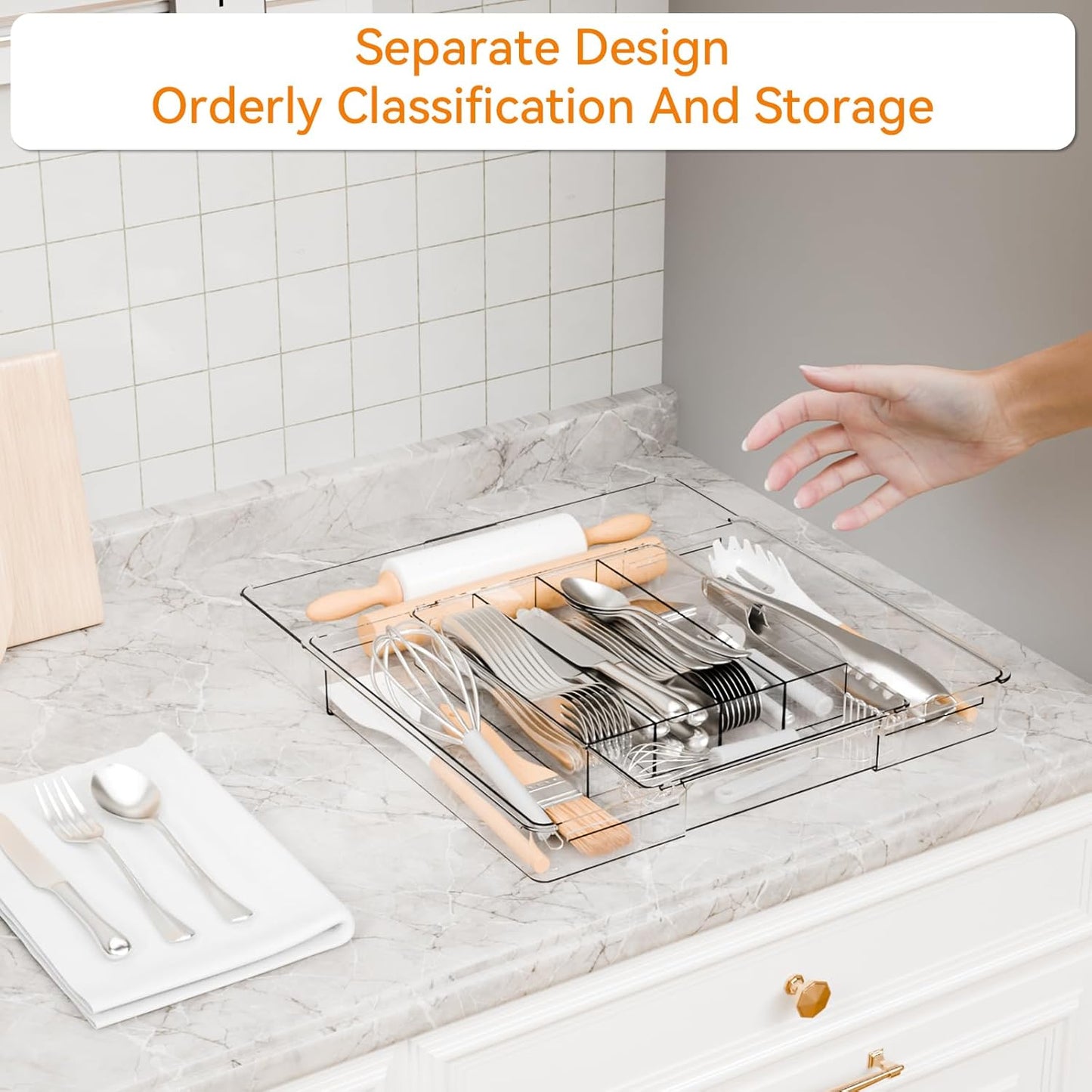 Acrylic Clear Expandable Kitchen Utensil Drawer Organizer and Silverware Organizer,BPA FREE Adjustable Silverware Tray for Drawer Cutlery,Spatula,Tools,Flatware Organizers,Fork and Spoon Holder